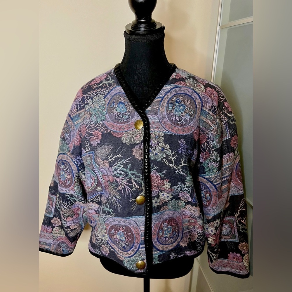 Vintage HBAR tapestry jacket w/snap front,multicolour,leather trim,inner pocket - Picture 2 of 9